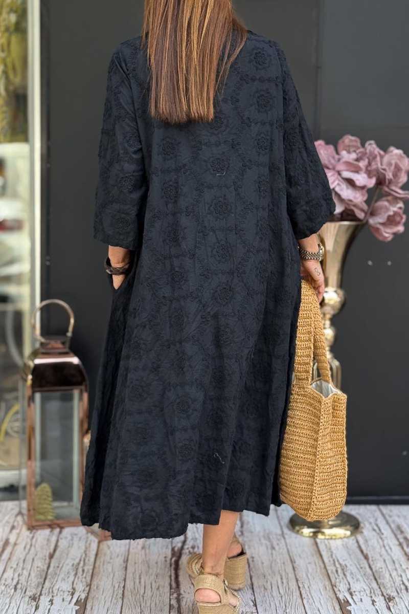 Embossed Floral Detailed Full Length Cotton Shirt Dress