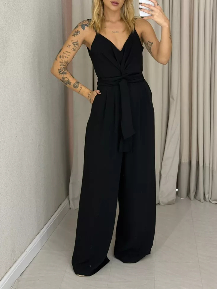 V-Neck Chic and Comfortable Strappy Wrap Tie Jumpsuit