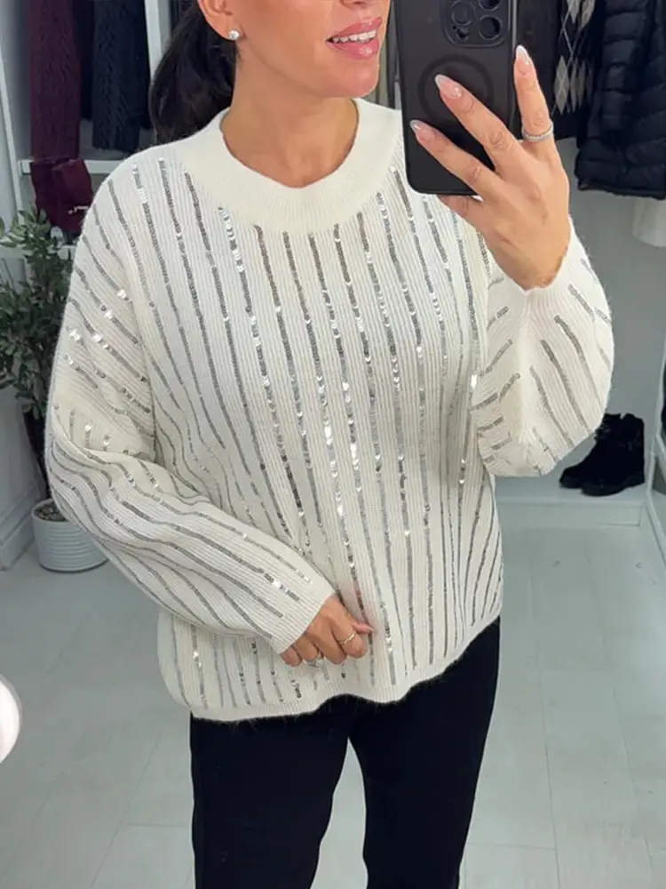 Women Round Neck Vertical Striped Sequined Casual Knit Top