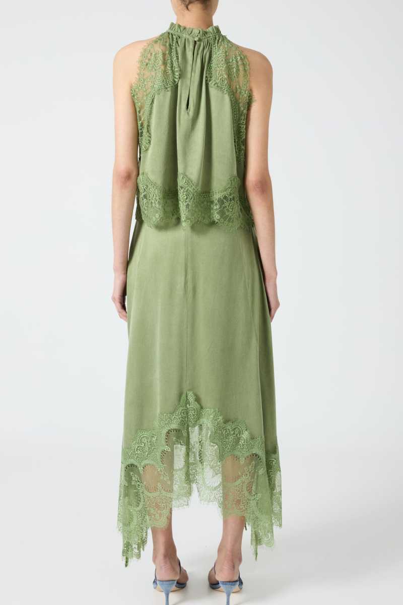 Lace Trim Midi Skirt Set with Sleeveless Halter Neck Top