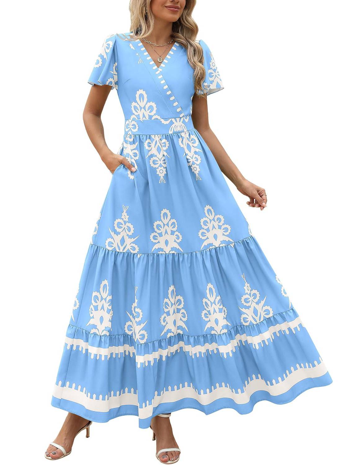 ⏰Hot Sale-Womens Casual V Neck Flowy Aline Bell Sleeve Tiered Floral Boho Maxi Dresses(Buy 2 Free Shipping)