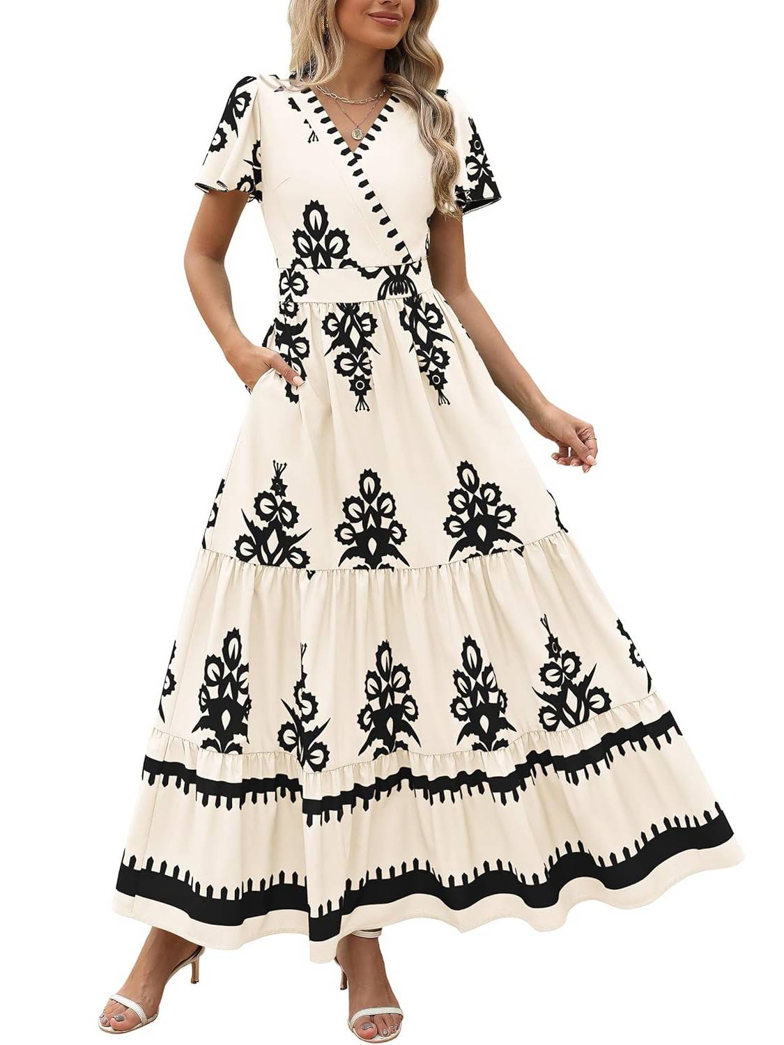 ⏰Hot Sale-Womens Casual V Neck Flowy Aline Bell Sleeve Tiered Floral Boho Maxi Dresses(Buy 2 Free Shipping)