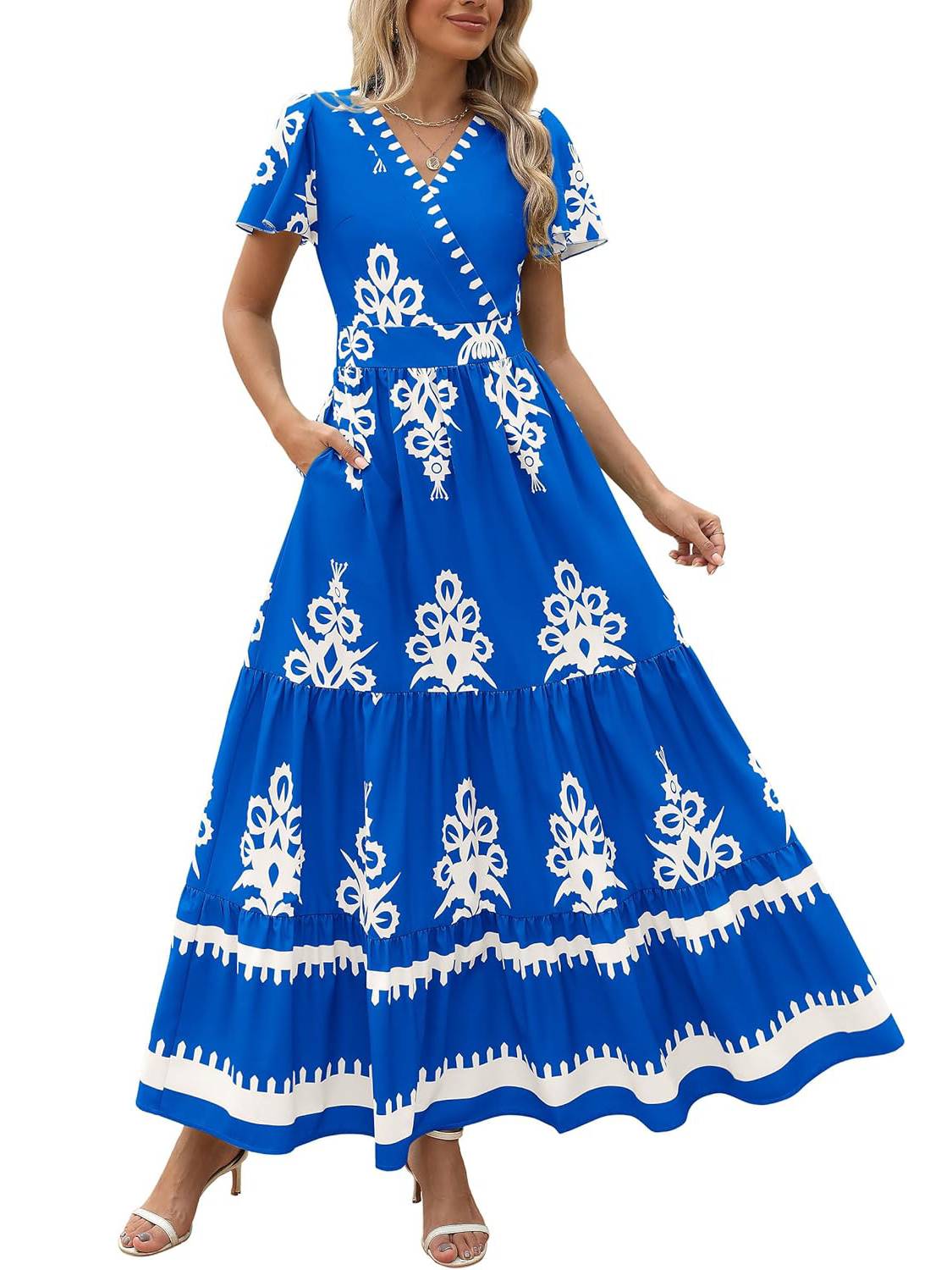 ⏰Hot Sale-Womens Casual V Neck Flowy Aline Bell Sleeve Tiered Floral Boho Maxi Dresses(Buy 2 Free Shipping)