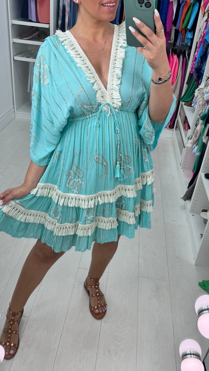 Paisley Print V Neck Tassel Dress
