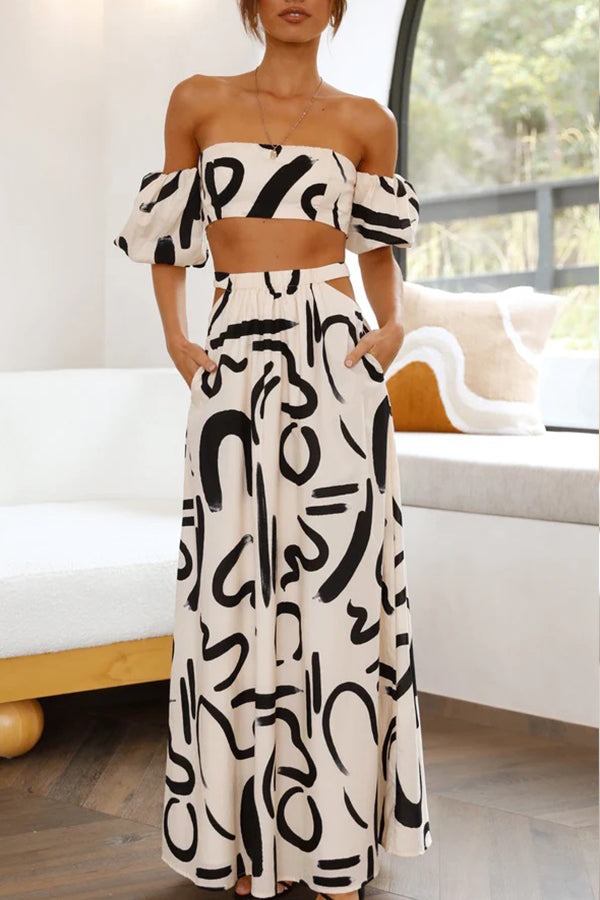 Printed Off Shoulder Crop Top and Pocketed Cutout Maxi Skirt Set