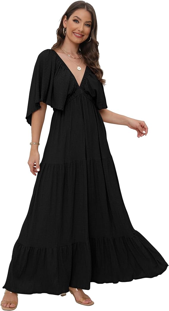 Tiered Silhouette with Flutter Sleeves Maxi Dress