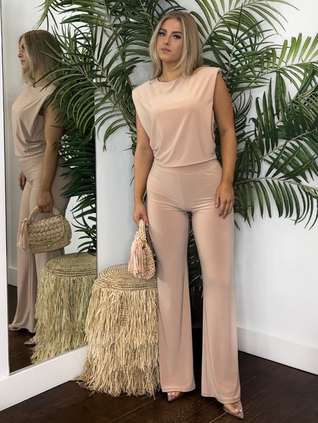 Padded Shoulder Top and High Waist Flare Set