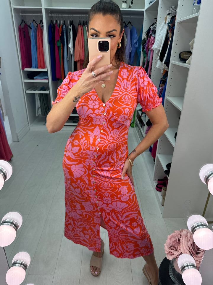 V Neck Floral Print Midi Dress