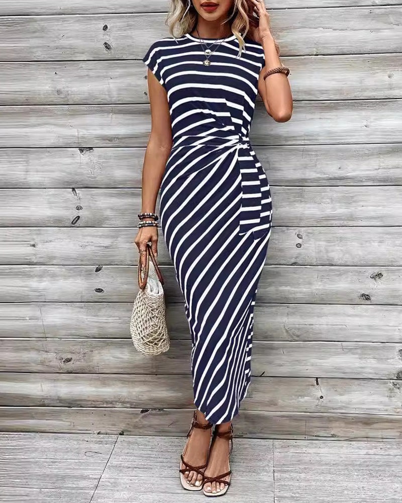 Fashion Striped Printed Strappy Raglan Sleeve Slim Dress