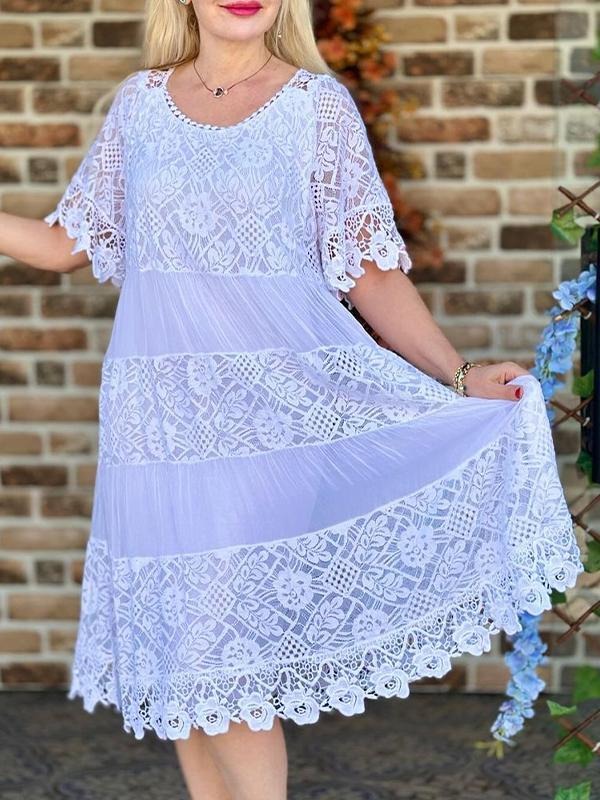 Round Neck Mid-length Sleeve Hollow Dress