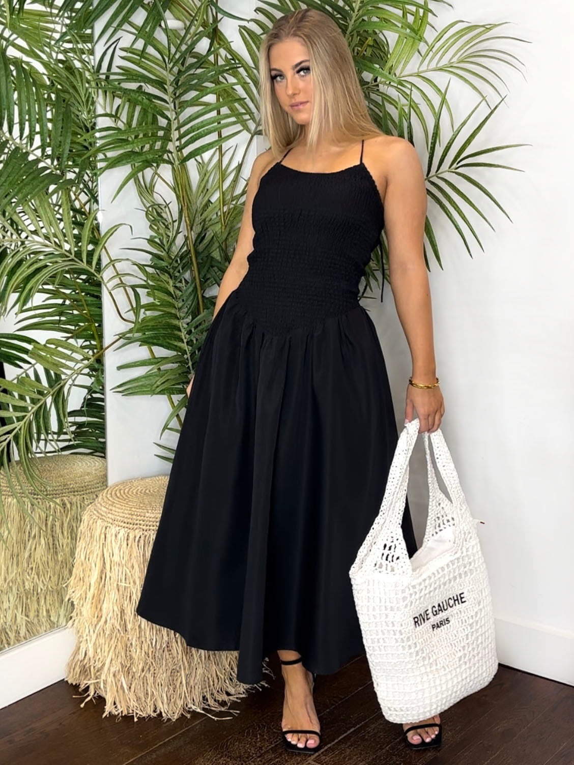 Shirring bodice detail midi dress with tie straps