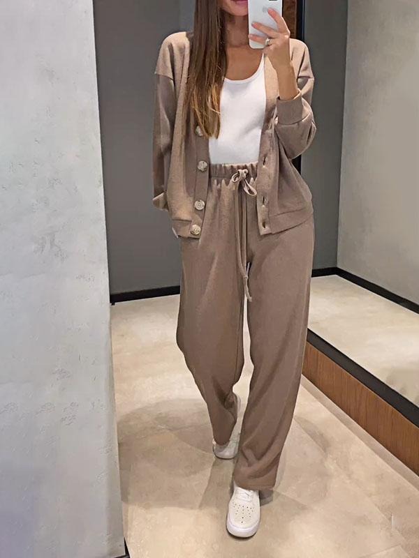 Knitted Buttoned Jacket and Pants Two-piece Set