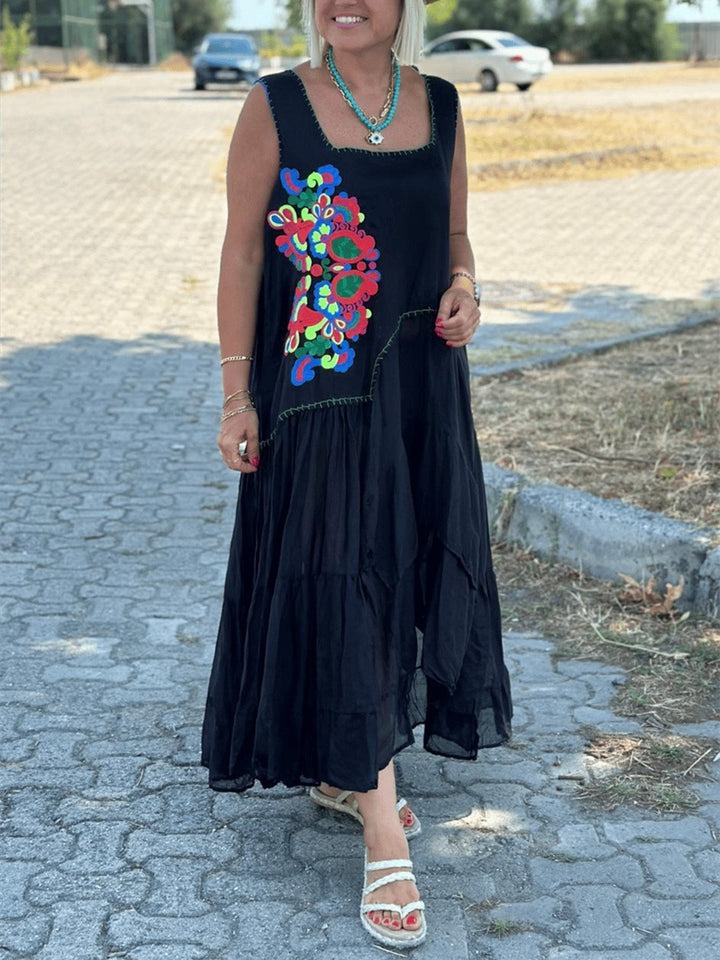 Casual Printed Patchwork Cotton And Linen Dress