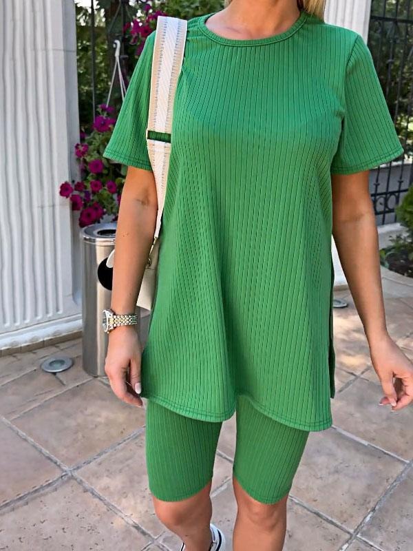 Solid Color Stretch Knit Top and Shorts Two-piece Set