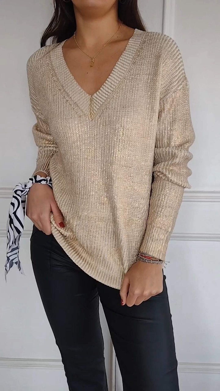 Women's V-neck Long Sleeve Top With Gold Stamping