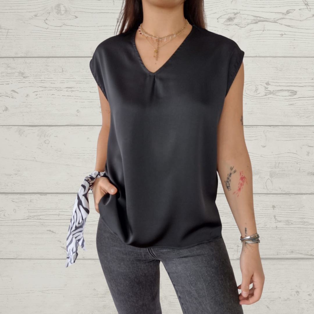 V-Neck Short Sleeve Back Button Blouse