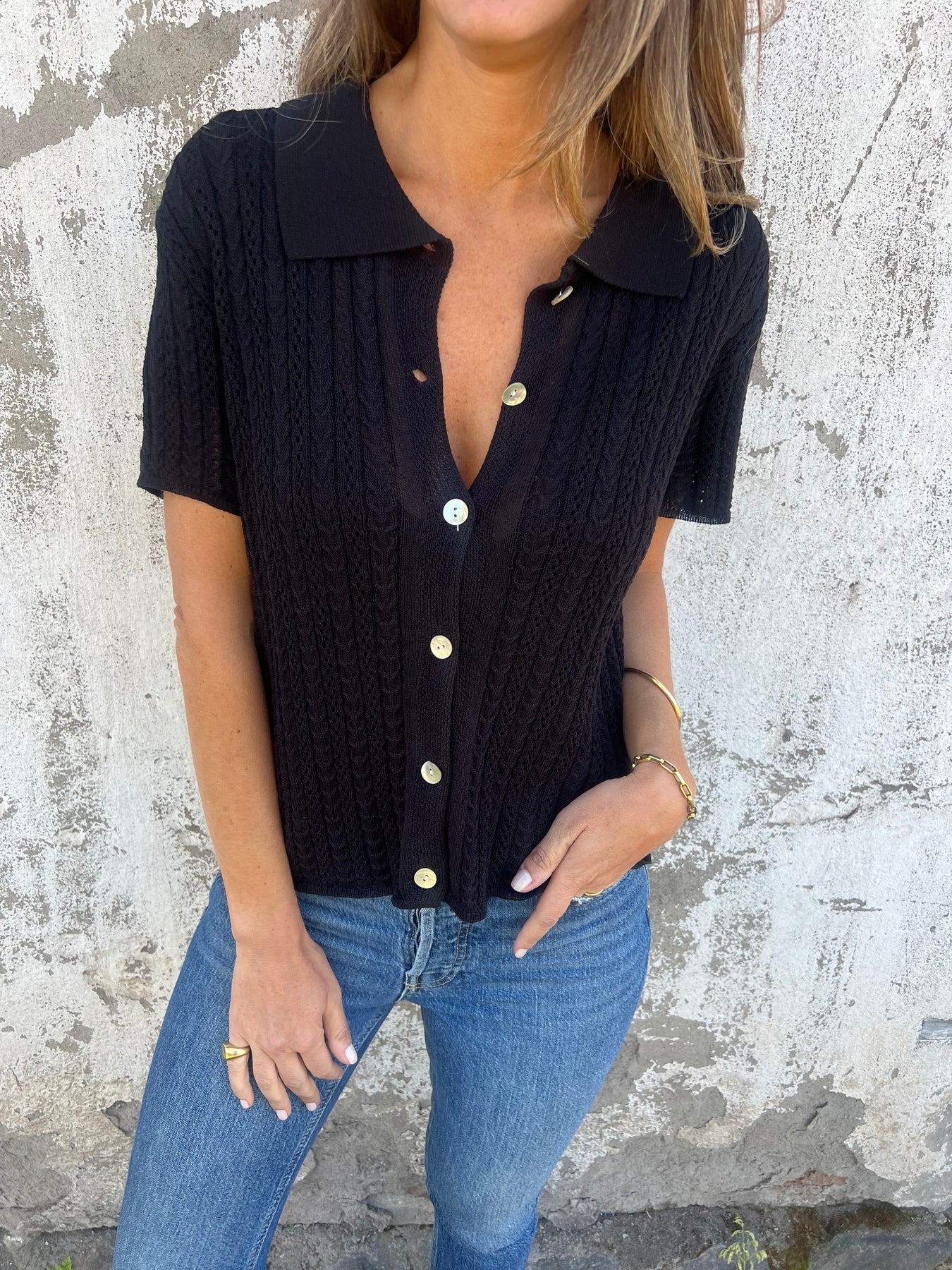 Lapel Hollow Button Shirt