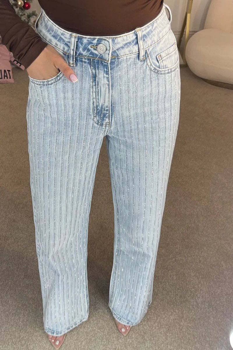Elegant Rhinestone Stripe Jeans
