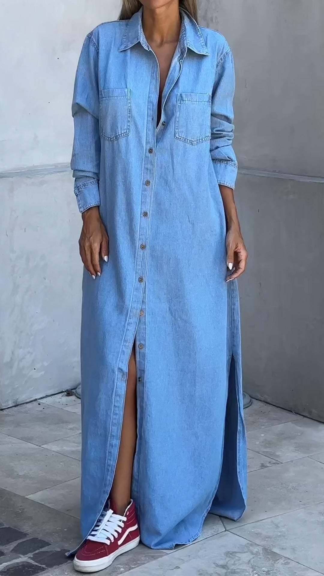 Lapel Button Long Sleeve Denim Long Dress