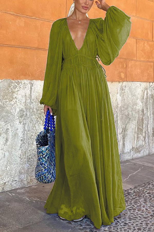 Chiffon Ruched Gathered Waist Maxi Dress