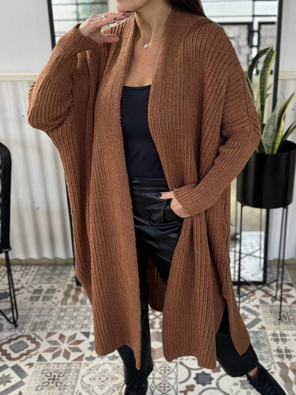 Solid Color Ribbed Knitted Cardigan