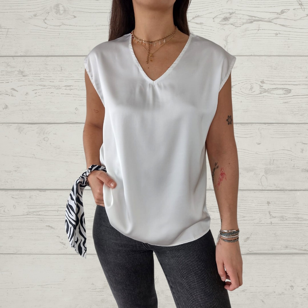 V-Neck Short Sleeve Back Button Blouse