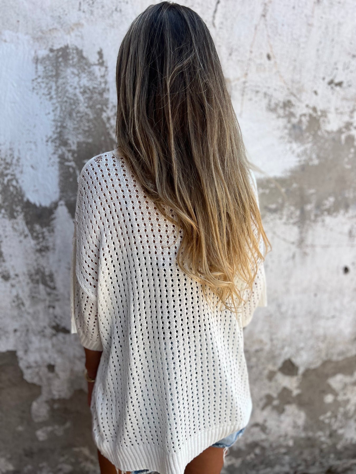 Hollow Knitted Mid-Sleeve Top