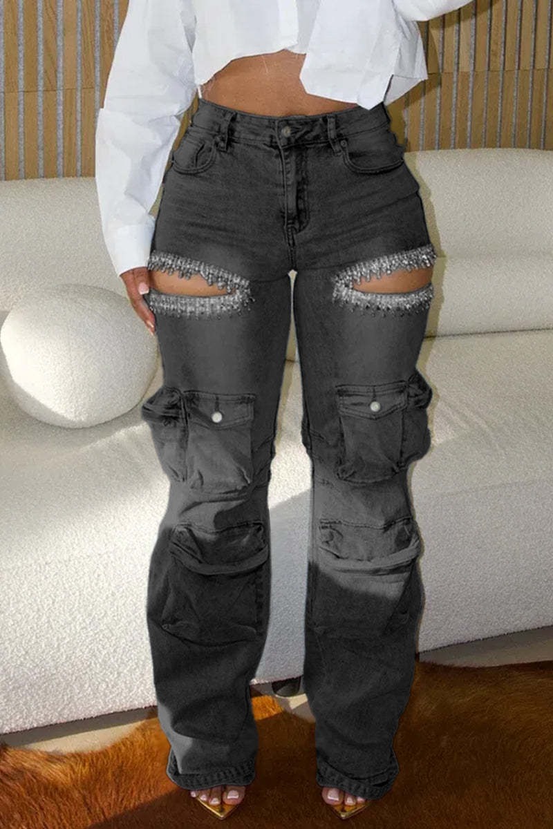 Cool Pearl Distressed Hiking Pocket Denim Pants