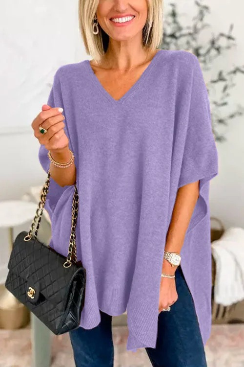🌈V Neck Loose Fit Solid Poncho Sweater