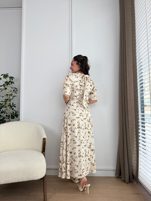 Lantern Sleeve Lace-up Satin Dress