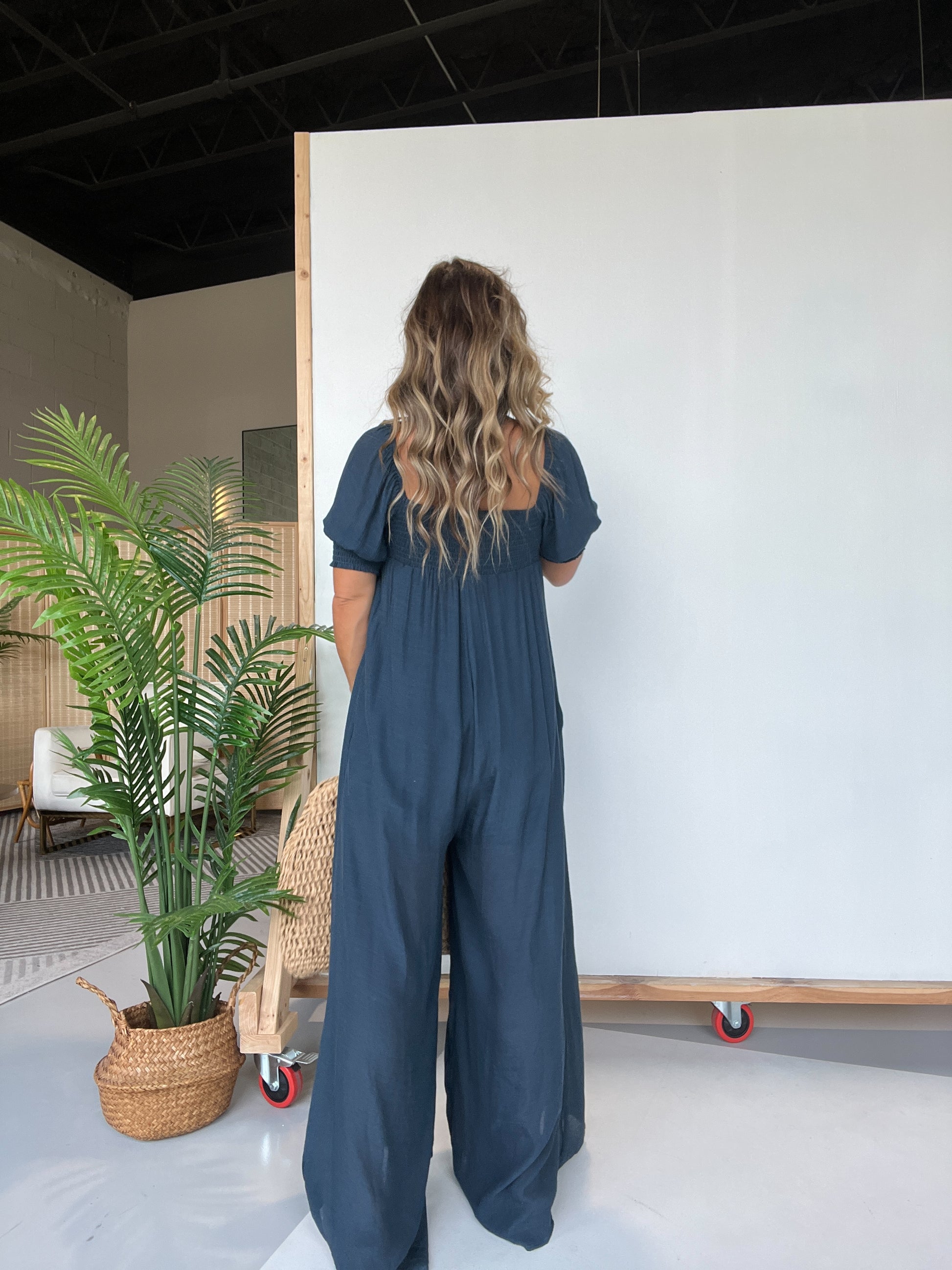 Square Neckline Jumpsuit with Smocked Bodice Button