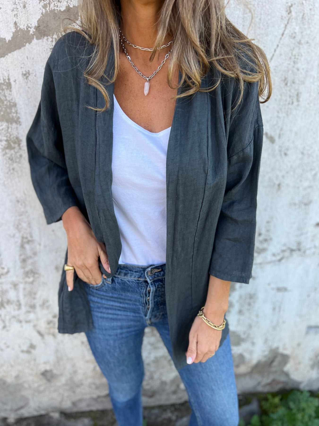 Casual Ruched 3/4 Sleeve Linen Cardigan