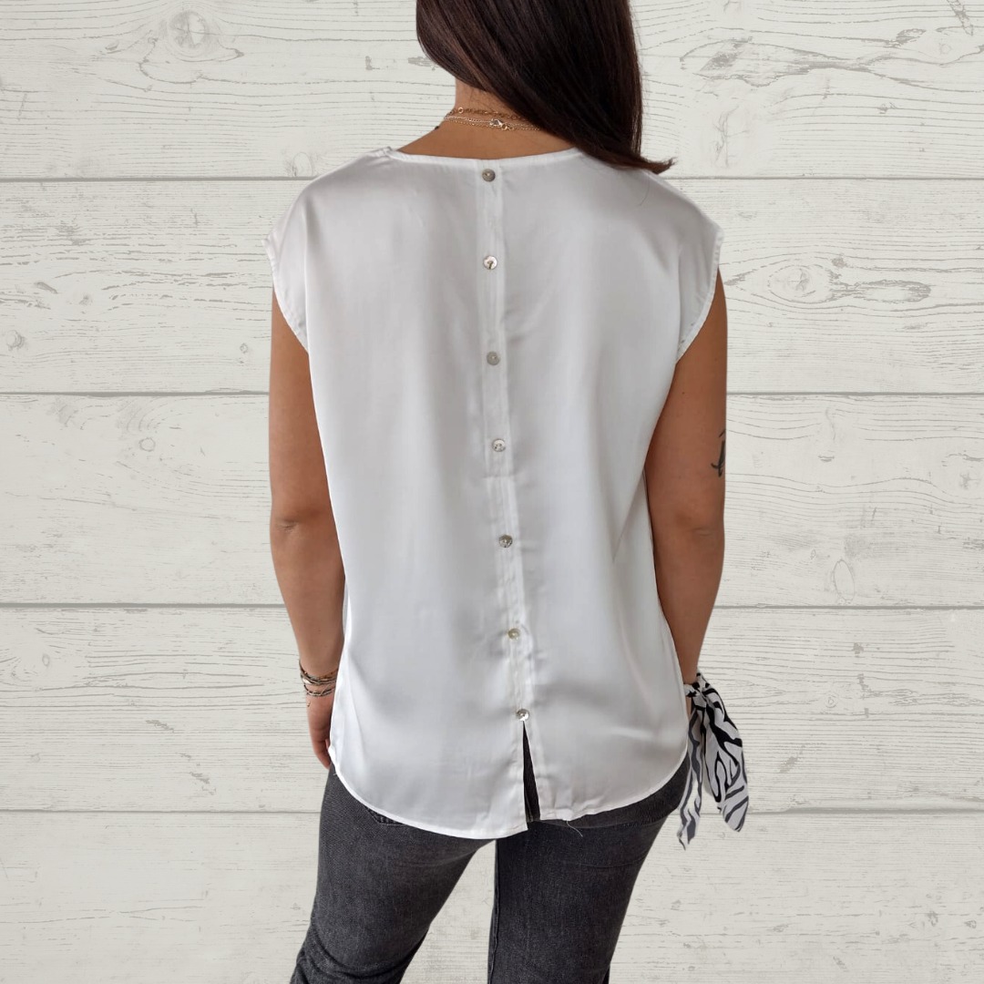 V-Neck Short Sleeve Back Button Blouse