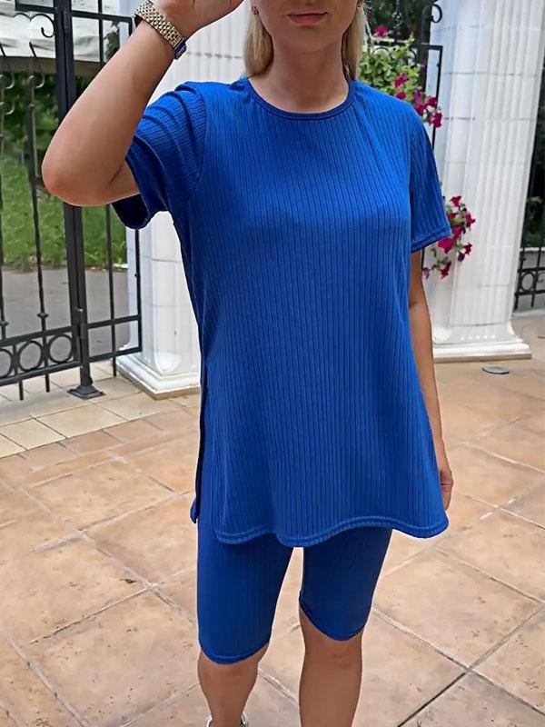 Solid Color Stretch Knit Top and Shorts Two-piece Set