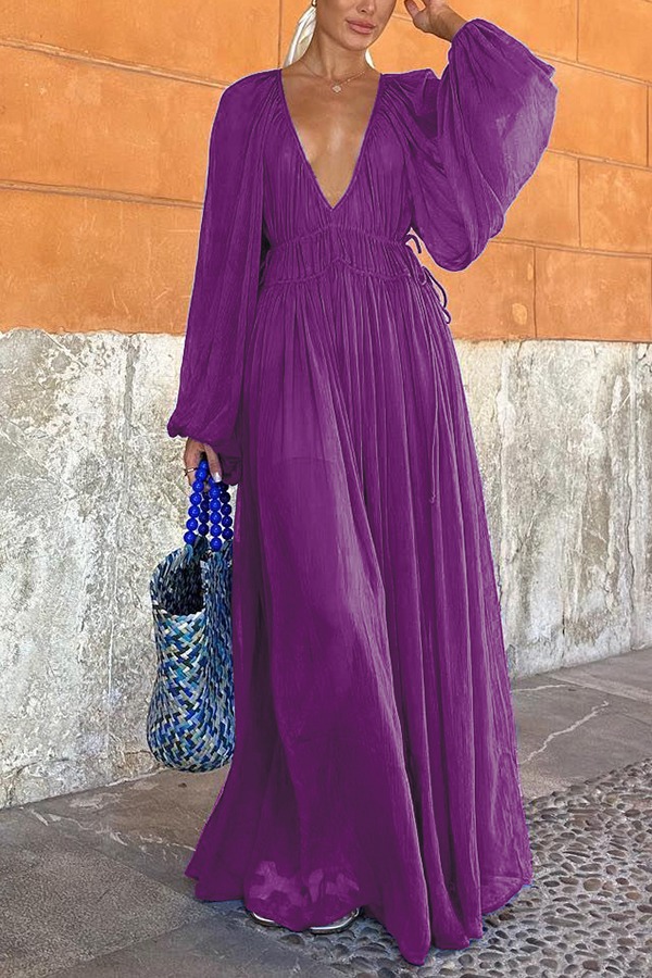 Chiffon Ruched Gathered Waist Maxi Dress