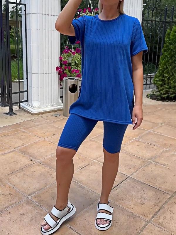 Solid Color Stretch Knit Top and Shorts Two-piece Set