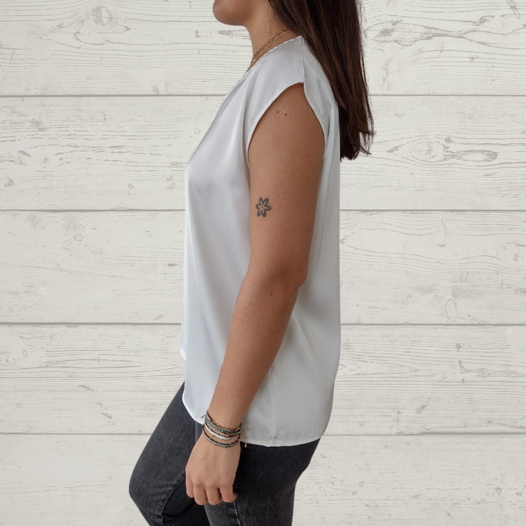 V-Neck Short Sleeve Back Button Blouse