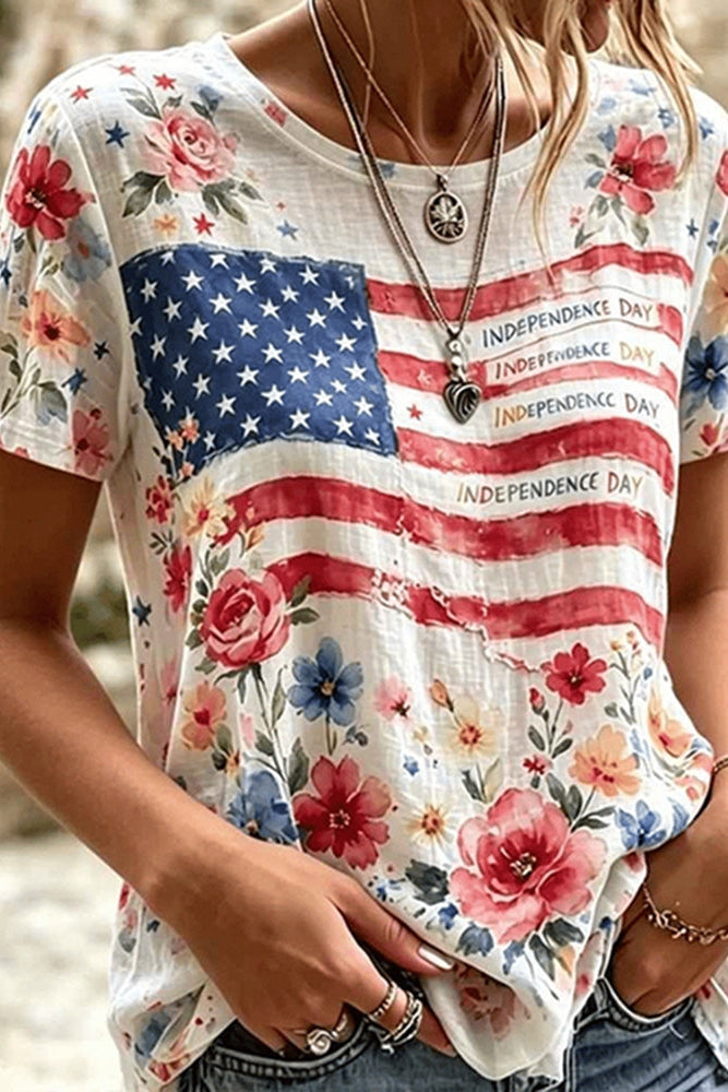 Women's Independence Day Flag Art Casual Cotton Linen Short Sleeve T-shirt