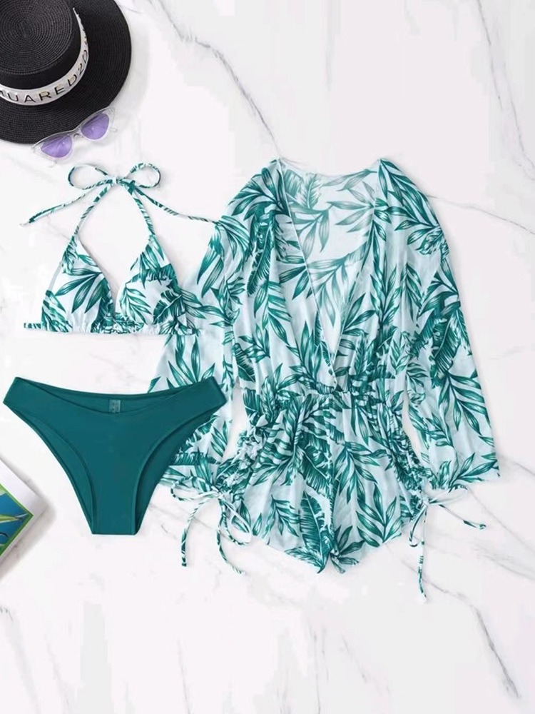 GEOMETRIC PRINT HALTER BIKINI SWIMSUIT & COVER UP 3 PIECE SET