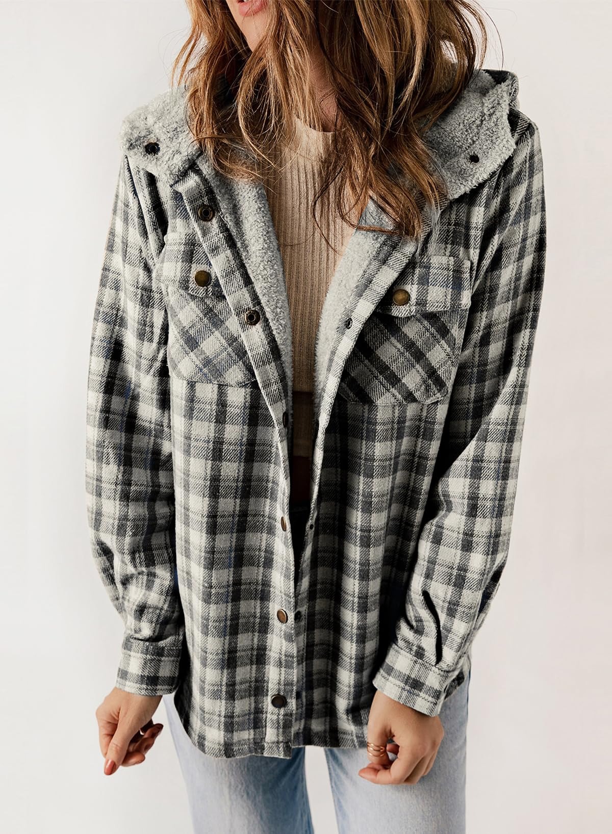 Plaid Long Sleeve Button Fleece Hooded Jacket With Pockets