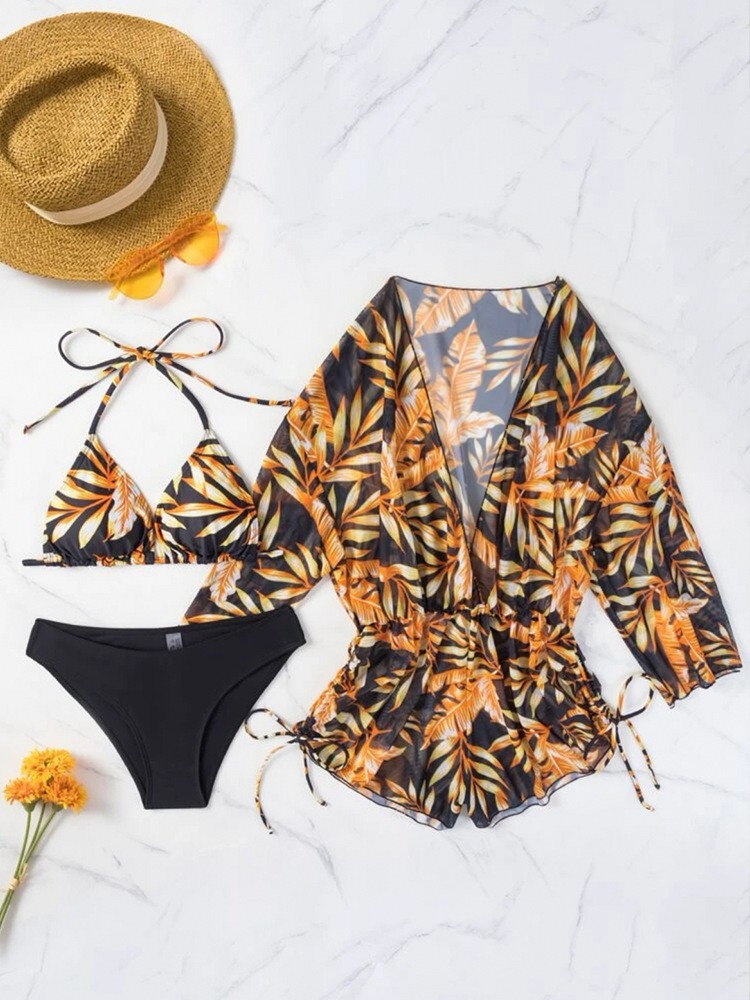 GEOMETRIC PRINT HALTER BIKINI SWIMSUIT & COVER UP 3 PIECE SET