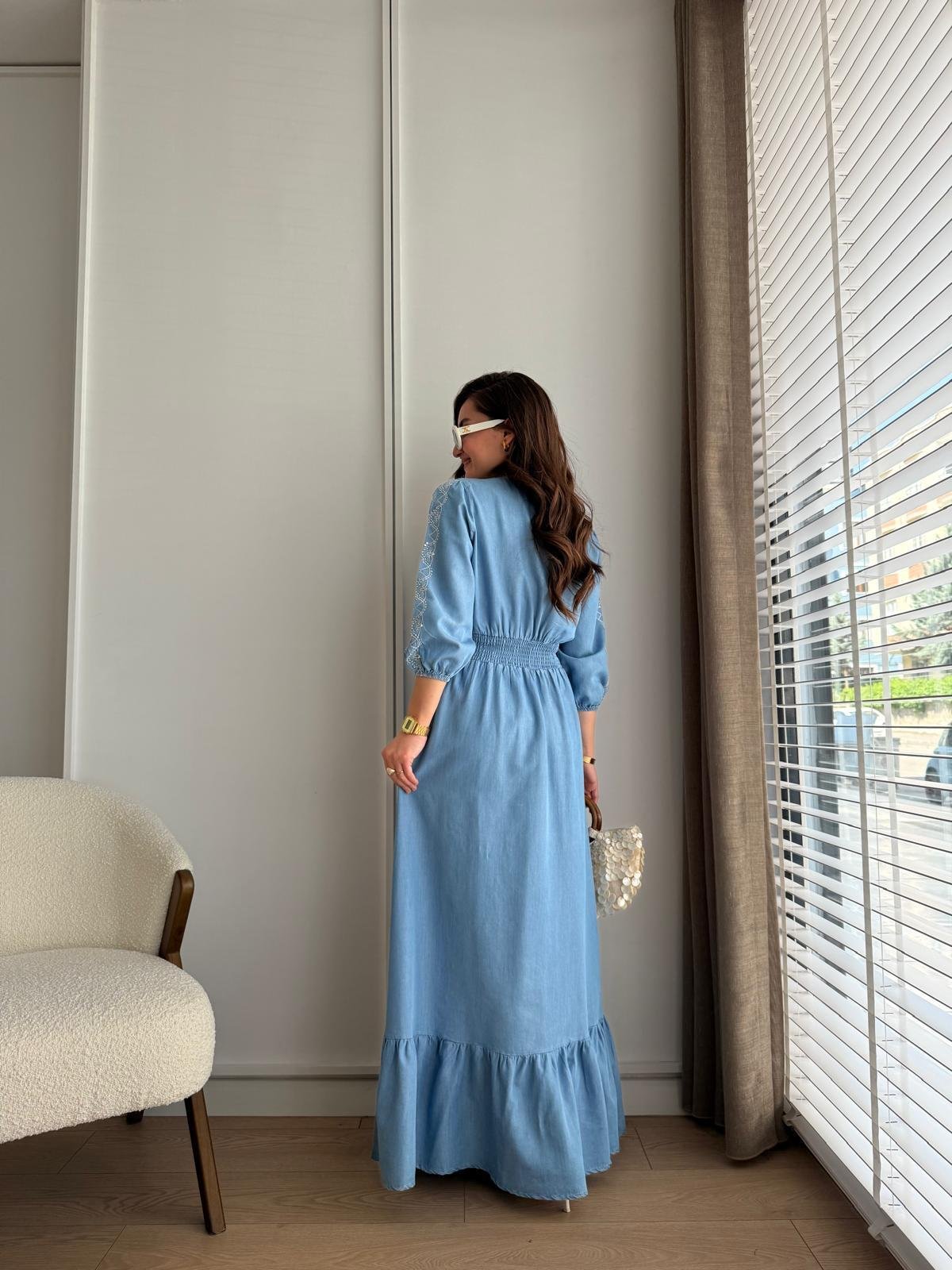 Blue Double Breasted Sequined Dress with Elastic Back