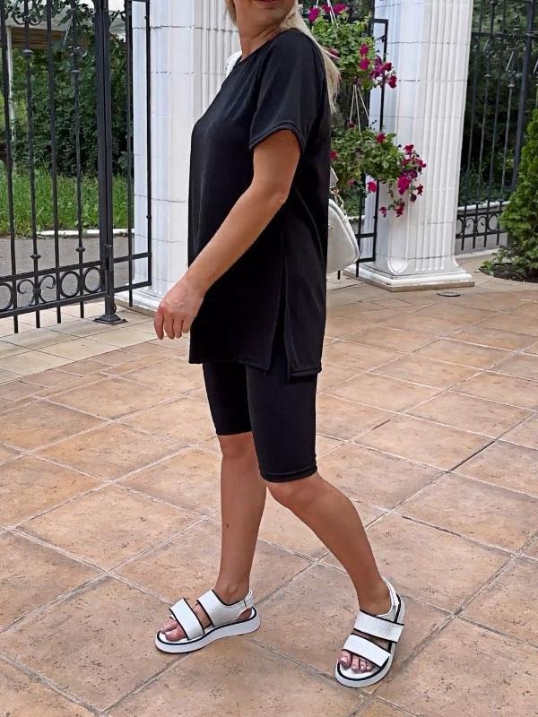 Solid Color Stretch Knit Top and Shorts Two-piece Set