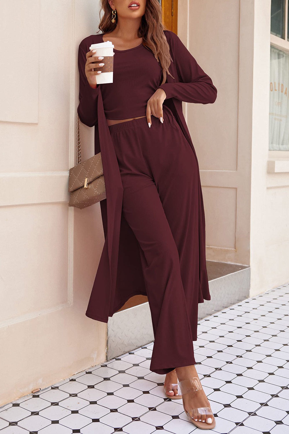 Long-sleeved cardigan top and pants pocket three-piece set