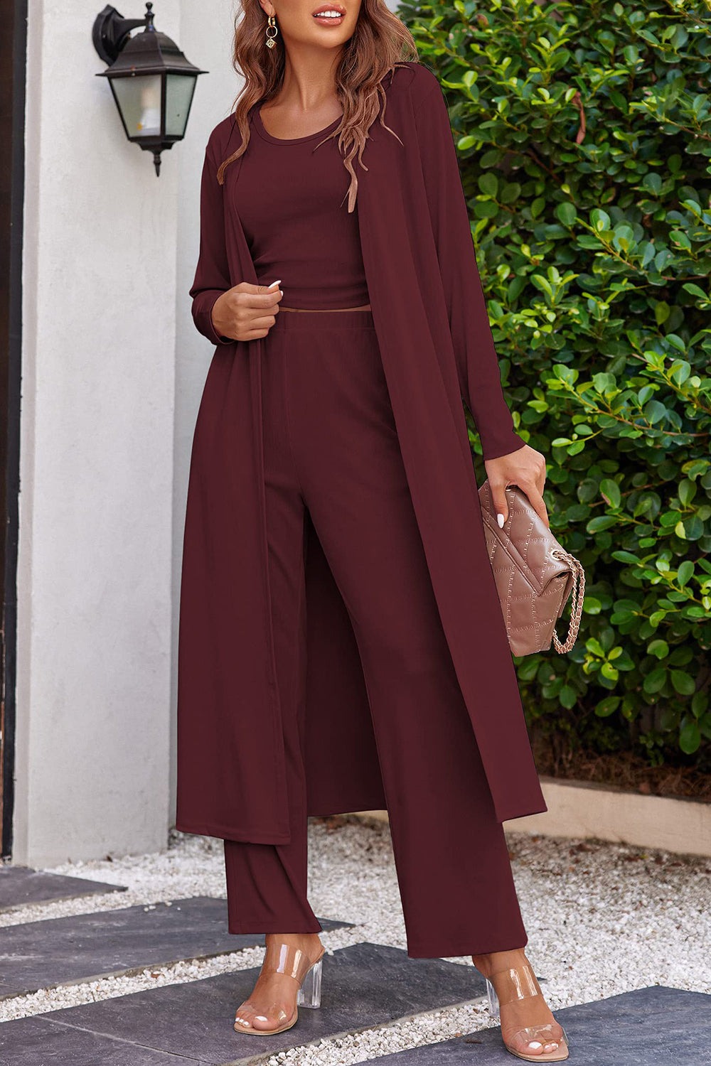 Long-sleeved cardigan top and pants pocket three-piece set