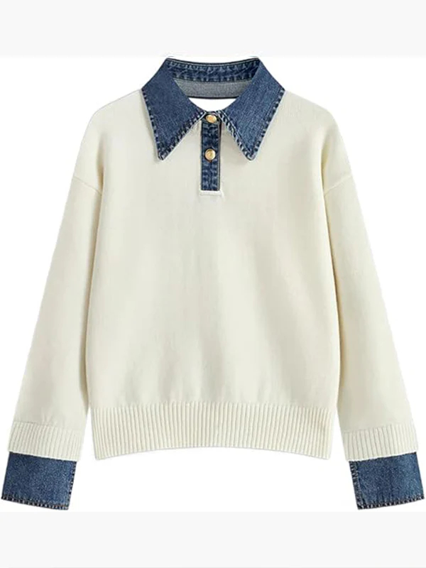 Women Laple Collar Denim Patchwork Sweater Casual Top