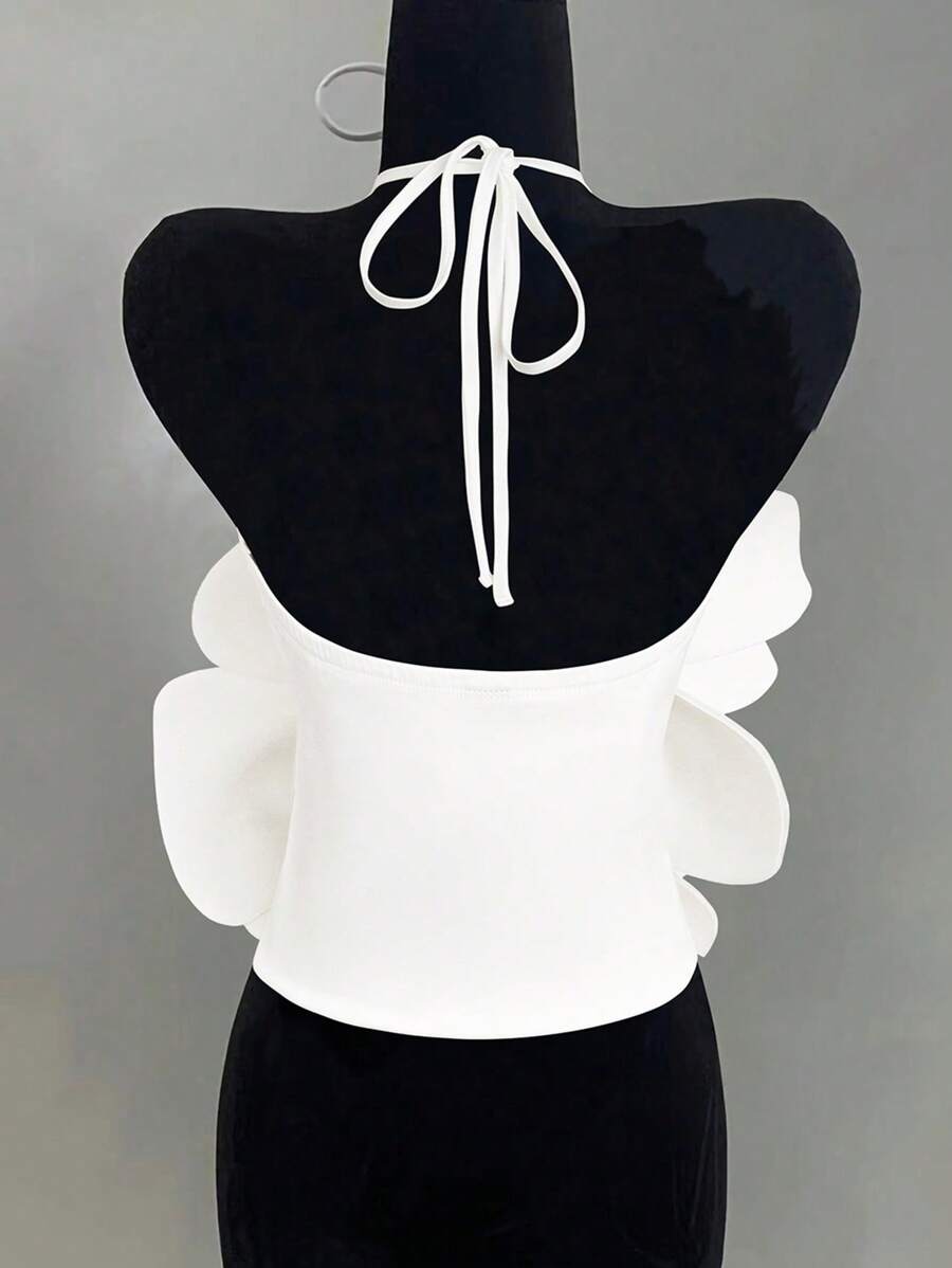 Women's Plain Flower Decor Halter Sleeveless Top