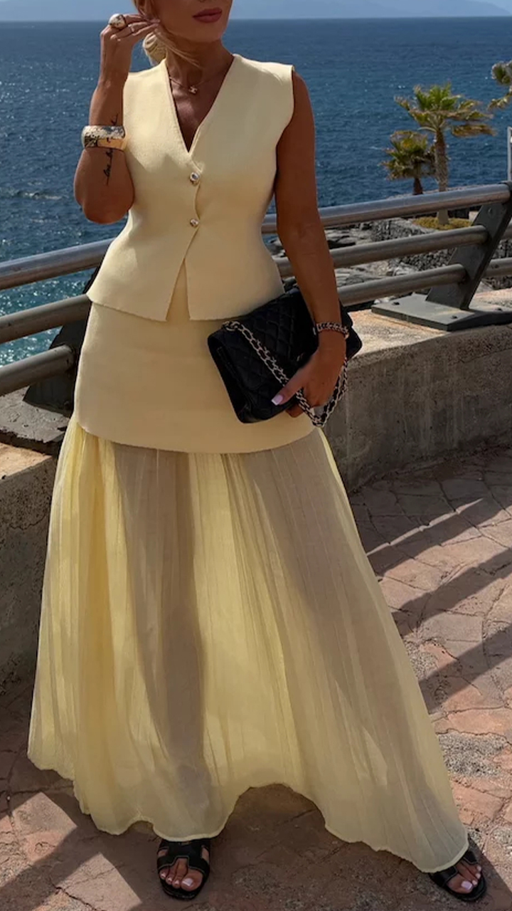 V-neck Sleeveless Top And Patchwork Dress Suit