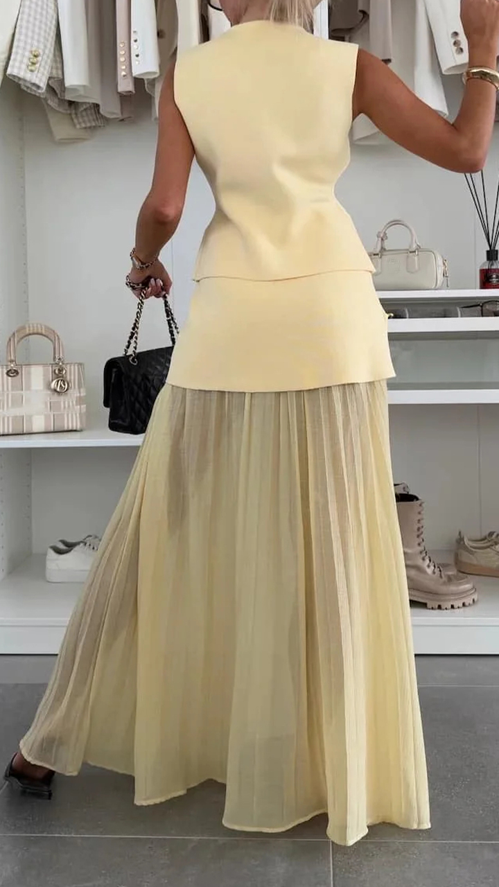 V-neck Sleeveless Top And Patchwork Dress Suit