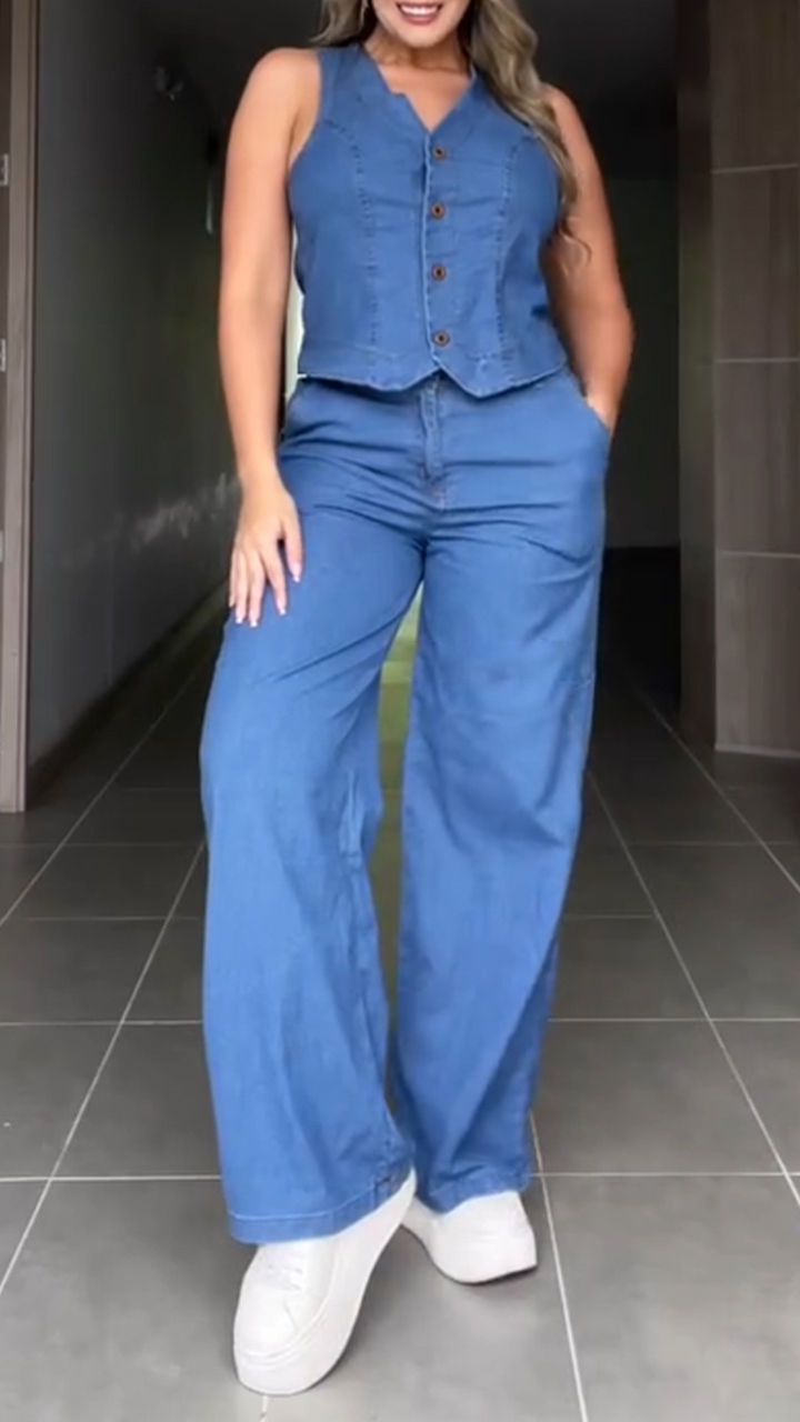 Sleeveless Button-down Denim Casual Suit